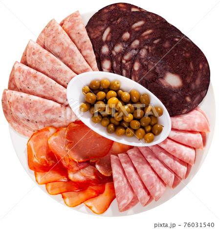 Antipasto platter with various meat and olives 76031540