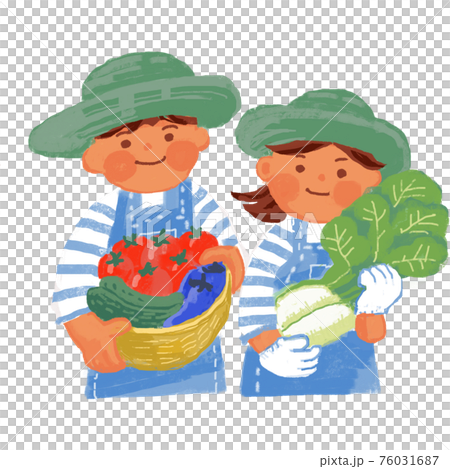 収穫した野菜を持って微笑んでいる2人 76031687