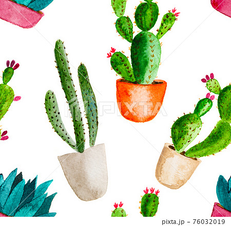 Seamless pattern of high quality hand painted watercolor elements for your design with succulent plants, cactus and more. 76032019