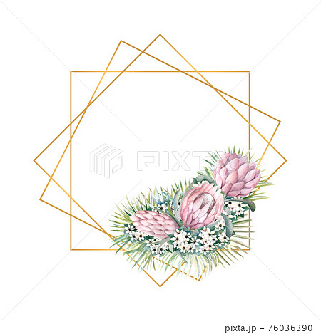Geometric gold frame with protea flowers, tropical leaves, palm leaves, bouvardia flowers. Wedding bouquet in a frame for the design of a stylish invitation. Watercolour illustration 76036390