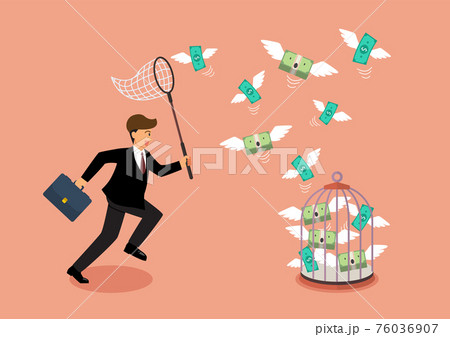 Businessman trying to catch flying money into birdcage 76036907