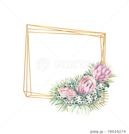 Geometric gold frame with protea flowers, tropical leaves, palm leaves, bouvardia flowers. Wedding bouquet in a frame for the design of a stylish invitation. Watercolour illustration Geometric gold frame with protea flowers, tropical leaves, palm leaves, bouvardia flowers. Wedding bouquet in a frame for the design of a stylish invitation. Watercolour illustration 76039274