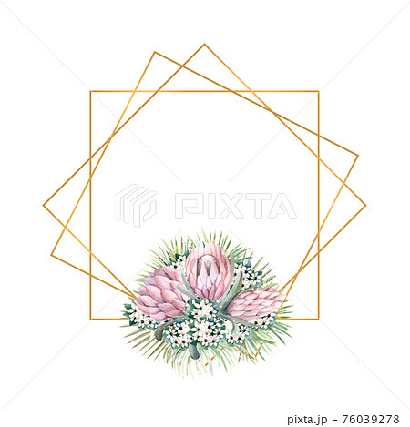 Geometric gold frame with protea flowers, tropical leaves, palm leaves, bouvardia flowers. Wedding bouquet in a frame for the design of a stylish invitation. Watercolour illustration Geometric gold frame with protea flowers, tropical leaves, palm leaves, bouvardia flowers. Wedding bouquet in a frame for the design of a stylish invitation. Watercolour illustration 76039278