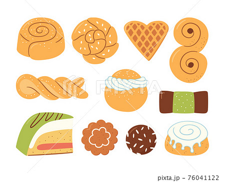 Cinnamon rolls with sugar. Set of swirl buns. Hand drawn isolated vector illustration 76041122