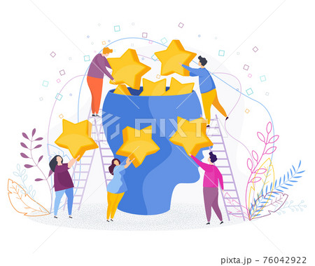Group of small people put stars in a huge head. Group of small people put stars in a huge head. 76042922