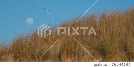 MOON RISE, ATLANTIC COAST, CARCANS BEACH, SMALL SWIMMING STATION ON THE FRENCH ATLANTIC COAST, NEAR 76044144