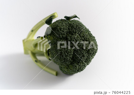 白い背景で撮影された新鮮なブロッコリーひとかぶ 76044225
