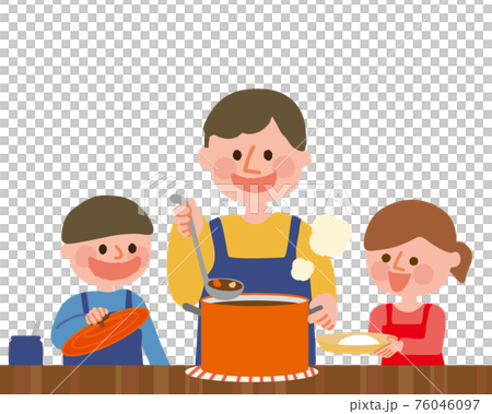 子供たちと料理するお父さん 76046097