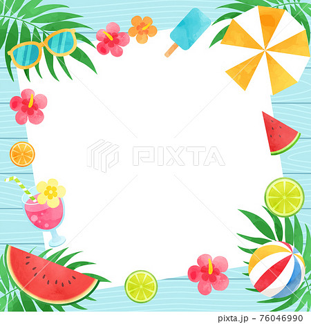 水色の木の板の背景とパラソルやスイカやサングラスなどの夏イメージの