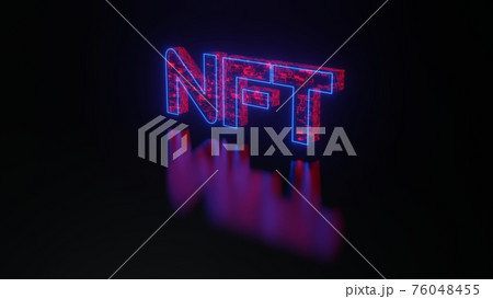 Non-fungible token concept illustration, NFT word with red wires and neon contours tech surface on black seamless rotation, 3D rendering 76048455