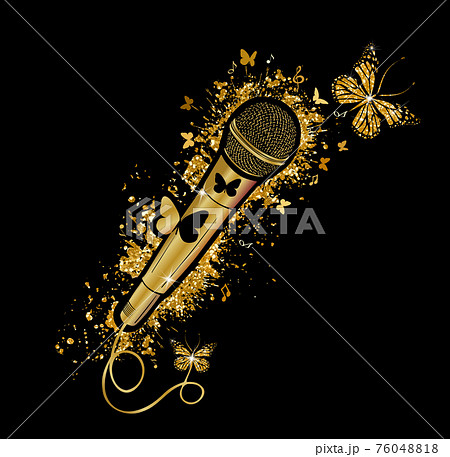 Gold microphone with beautiful shiny butterflies. Mic vector icon. Cartoon vector icon isolated on white background mic. Vector illustration 76048818
