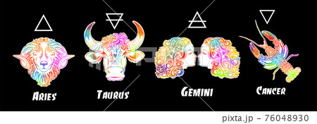 A set of zodiac signs. T-shirt print. Symbol for tattoo. Mixed media. Multi-colored objects. Elements of water, earth, fire and air. Vector illustration 76048930