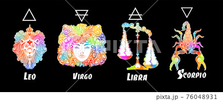 A set of zodiac signs. T-shirt print. Symbol for tattoo. Mixed media. Multi-colored objects. Elements of water, earth, fire and air. Vector illustration 76048931