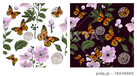 A seamless background with beautiful pink flowers and with butterflies. Dark and light background. Vector illustration A seamless background with beautiful pink flowers and with butterflies. Dark and light background. Vector illustration 76048960