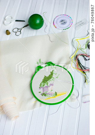Embroidery hoop with blank fabric, colored sewing threads and various sewing buttons 76049867
