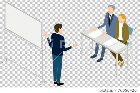 Business scene, men and women listening to explanations, isometric 76050420