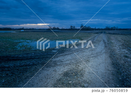 Wheel marks on a muddy road and a cloudy evening sky Wheel marks on a muddy road and a cloudy evening sky 76050859