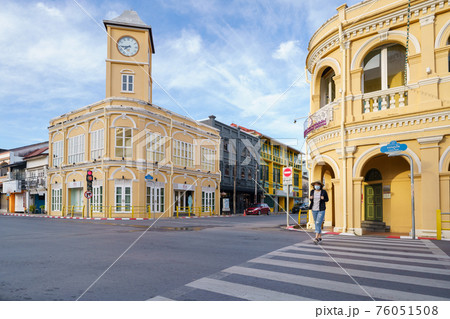 Travelers on street Phuket old town with Building Sino Portuguese architecture at Phuket Old Town area Phuket, Thailand. Travel concept 76051508