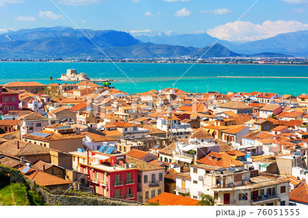 Nafplio, Greece aerial view, sea, snow mountains 76051555