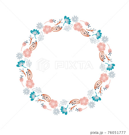 Summer wreath with flowers in scandinavian style. Spring herb flat abstract vector garden frame for woman day romantic holiday, wedding card. Element floral isolated illustration Summer wreath with flowers in scandinavian style. Spring herb flat abstract vector garden frame for woman day romantic holiday, wedding card. Element floral isolated illustration 76051777
