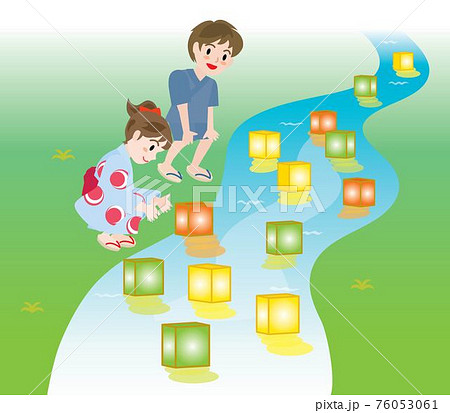 灯篭流しをする子供たち 76053061