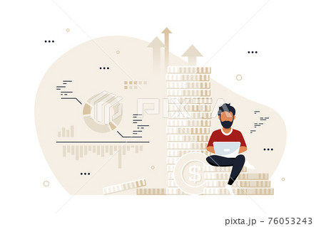 Young man with laptop sitting on stack of coins. 76053243