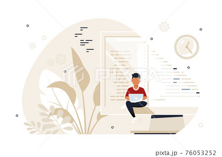 Programmer specialist sitting on big computer screen and working Programmer specialist sitting on big computer screen and working 76053252