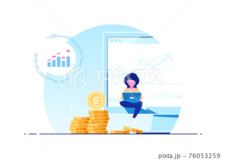 Young woman with laptop against computer screen and stacks of coins Young woman with laptop against computer screen and stacks of coins 76053259