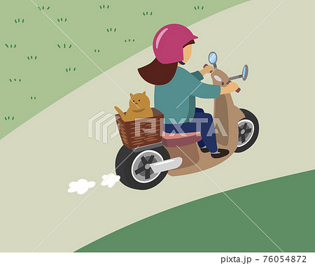 猫を載せて スクターを運転する女性を斜め後ろから描いたベクターイラストのイラスト素材