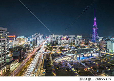 愛知県 名古屋都市風景 栄の夜景の写真素材