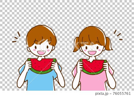 美味しくスイカを食べている小学生の男の子と女の子の線画イラストのイラスト素材
