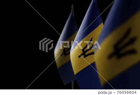 Small national flags of the Barbados on a black background 76056604