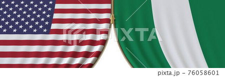 Flags of United States and Nigeria and closing or opening zipper between them. Political negotiations or interaction conceptual 3D rendering Flags of United States and Nigeria and closing or opening zipper between them. Political negotiations or interaction conceptual 3D rendering 76058601
