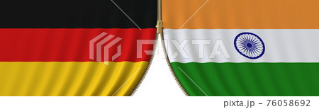 Germany and India cooperation or conflict, flags and closing or opening zipper between them. Conceptual 3D rendering Germany and India cooperation or conflict, flags and closing or opening zipper between them. Conceptual 3D rendering 76058692