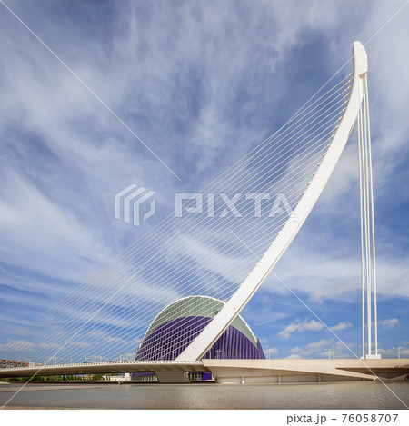 Beautiful view The Assut de l Or Bridge against the blue sky and The Agora space Beautiful view The Assut de l Or Bridge against the blue sky and The Agora space 76058707