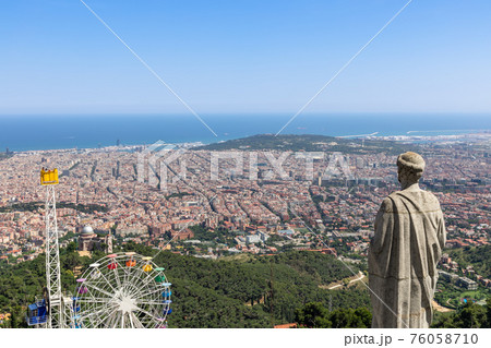 Looking over Barcelona from Tibidabo hill. Barcelona, Spain 76058710