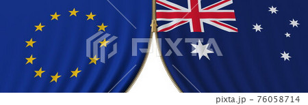 Flags of the EU and Australia and closing or opening zipper between them. Political negotiations or interaction conceptual 3D rendering Flags of the EU and Australia and closing or opening zipper between them. Political negotiations or interaction conceptual 3D rendering 76058714