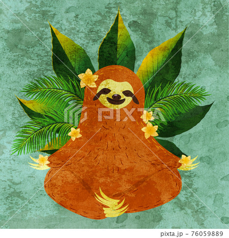 Yoga sloth with tropic plants grunge Yoga sloth with tropic plants grunge 76059889