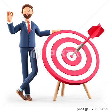 3D illustration of smiling man standing next to a huge target with arrow in bullseye. 76060483