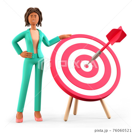 3D illustration of african american woman standing next to a huge target with a dart in the center 76060521