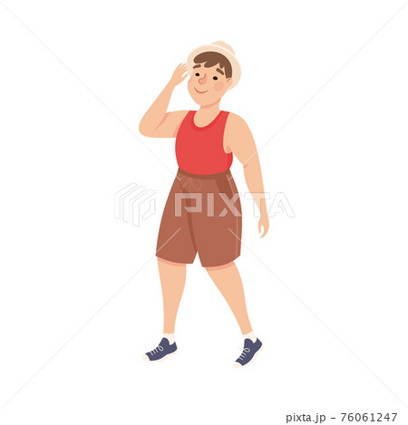 Plus Size Man Character in Shorts Walking and Smiling Vector Illustration 76061247