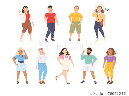 Plus Size People Characters in Different Apparel Standing and Smiling Vector Illustration Set Plus Size People Characters in Different Apparel Standing and Smiling Vector Illustration Set 76061256