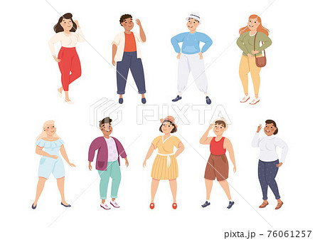 Plus Size People Characters in Different Apparel Standing and Smiling Vector Illustration Set Plus Size People Characters in Different Apparel Standing and Smiling Vector Illustration Set 76061257