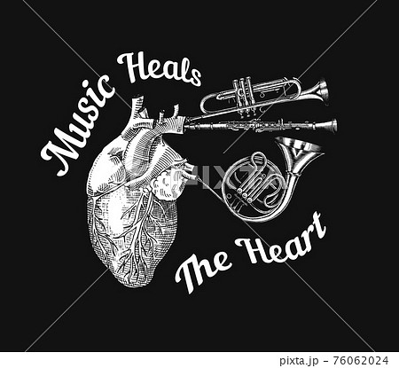 Music heals the heart in vintage style. Jazz Musical Trombone Trumpet Flute French horn Saxophone 76062024
