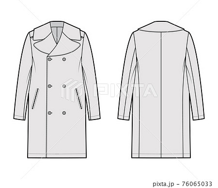 Reefer overcoat technical fashion illustration with double breasted, knee length, tailored button-up collar, epaulettes 76065033