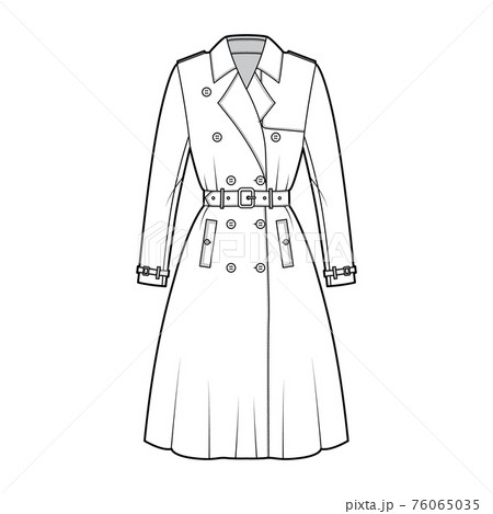 Full Trench coat technical fashion illustration with belt, double breasted, sleeves, napoleon lapel collar, storm flap. Full Trench coat technical fashion illustration with belt, double breasted, sleeves, napoleon lapel collar, storm flap. 76065035