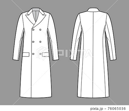 Ulsterette coat technical fashion illustration with double breasted, knee length, round collar peak, flap pockets. Flat 76065036