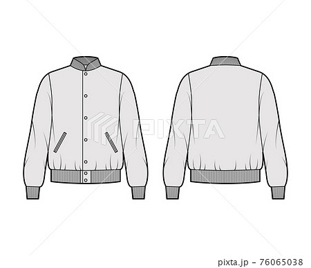 Varsity Bomber jacket technical fashion illustration with Rib baseball collar, cuffs, jetted pockets, buttons fastening 76065038