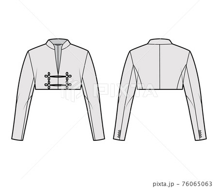 Spencer jacket technical fashion illustration with crop length, long sleeves, stand collar, button frog closure blazer Spencer jacket technical fashion illustration with crop length, long sleeves, stand collar, button frog closure blazer 76065063