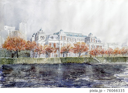 煉瓦建築の風景イラスト、大阪 中之島公会堂の水彩画のイラスト素材